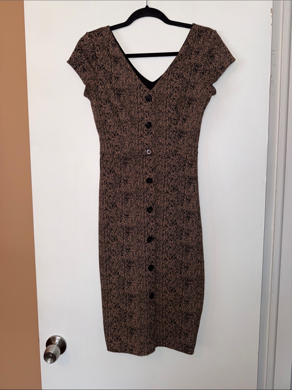 Button-Front Midi Dress in Brown - V-Neck, Short Cap Sleeves